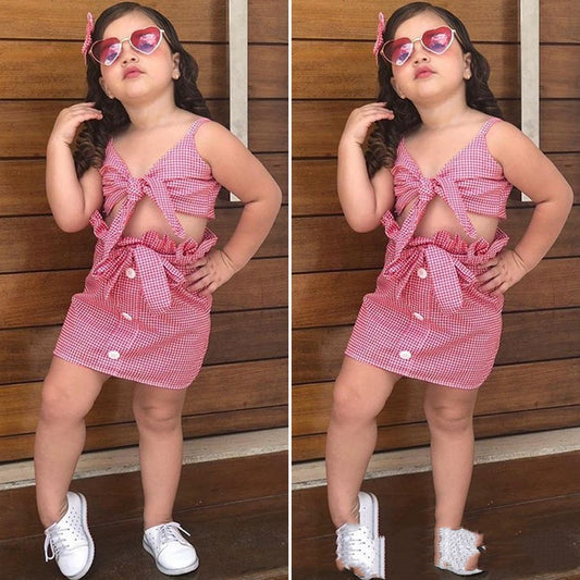 Baby and Toddler Bowknot Plaid Sling and Short Skirt Set