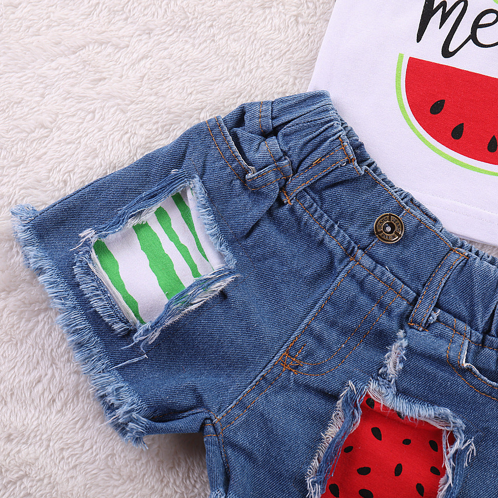 Baby Letter Watermelon Print Hole Denim Two-piece Suit