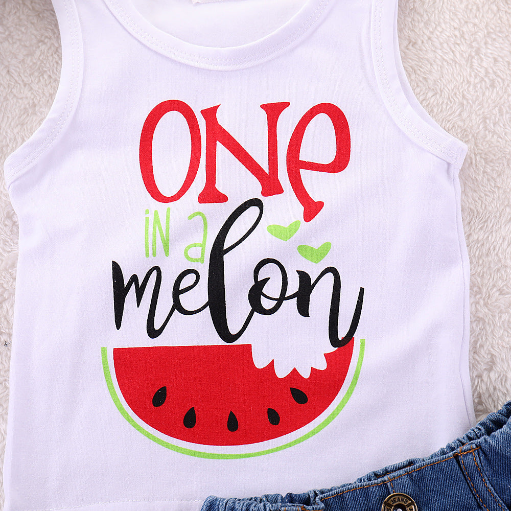 Baby Letter Watermelon Print Hole Denim Two-piece Suit