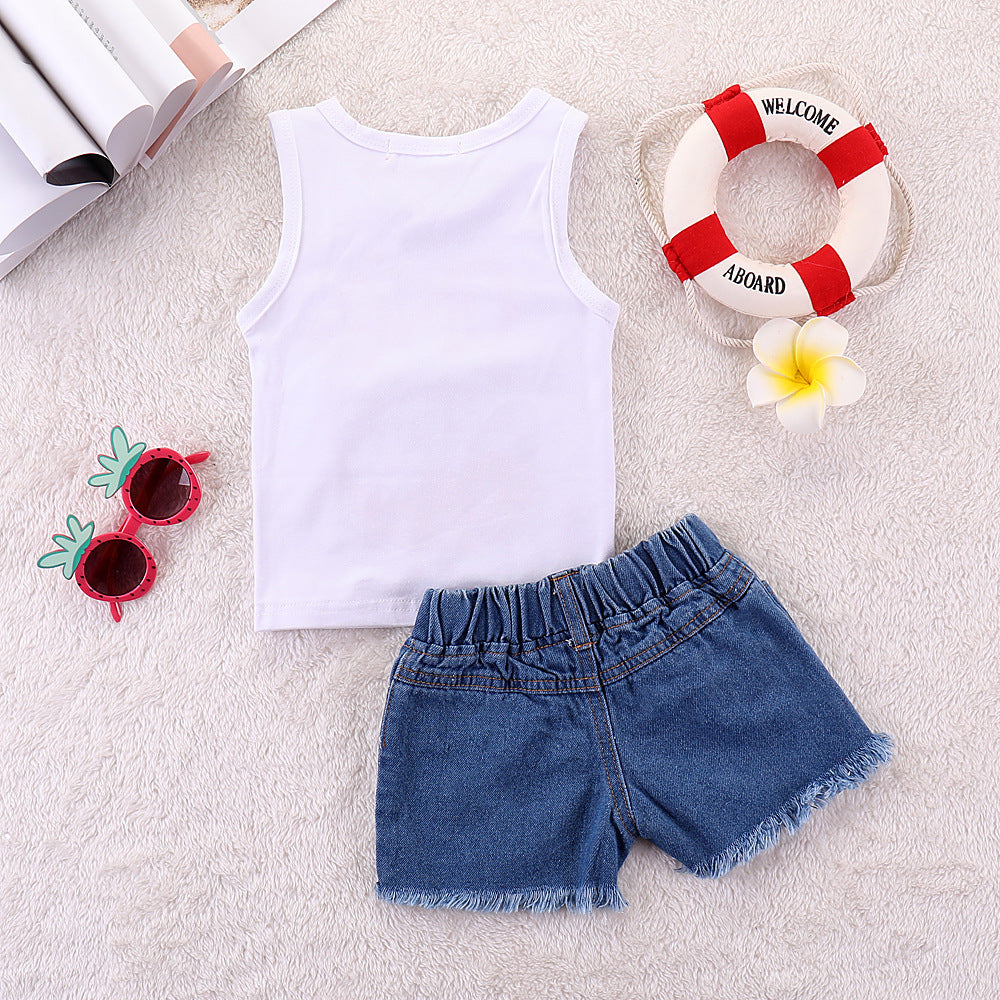 Baby Letter Watermelon Print Hole Denim Two-piece Suit