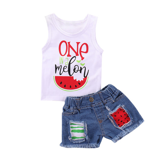 Baby Letter Watermelon Print Hole Denim Two-piece Suit