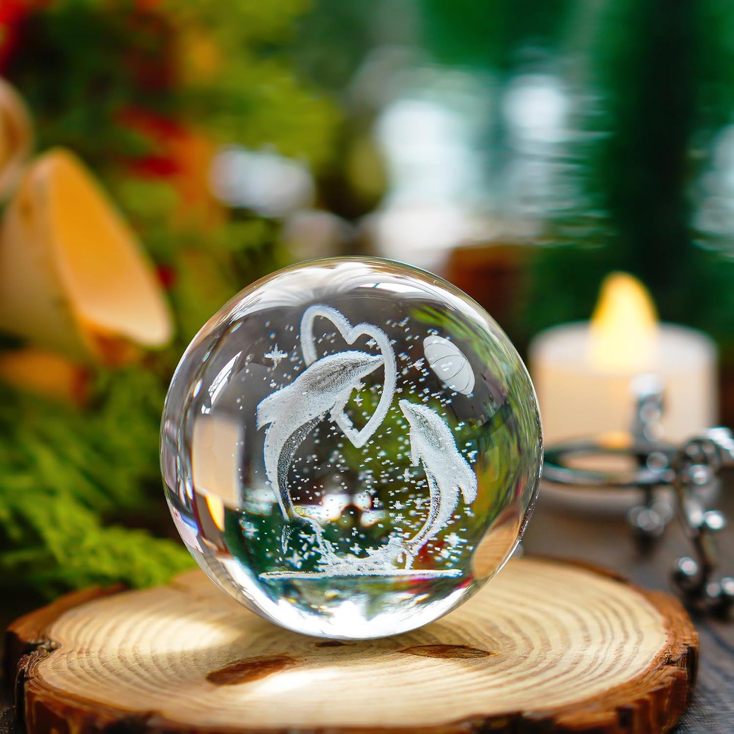 HDCRYSTALGIFTS3D Dolphin Crystal Ball Paperweight Figurines- Dolphin Gifts 60Mm Crystal Ball with Stand, Christmas, Valentine'S Day,Birthday Gift