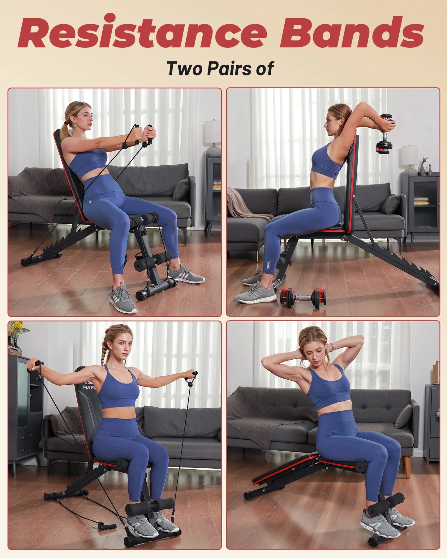 Flybird Adjustable Folding Weight Bench for Home Gym, Includes Resistance Bands