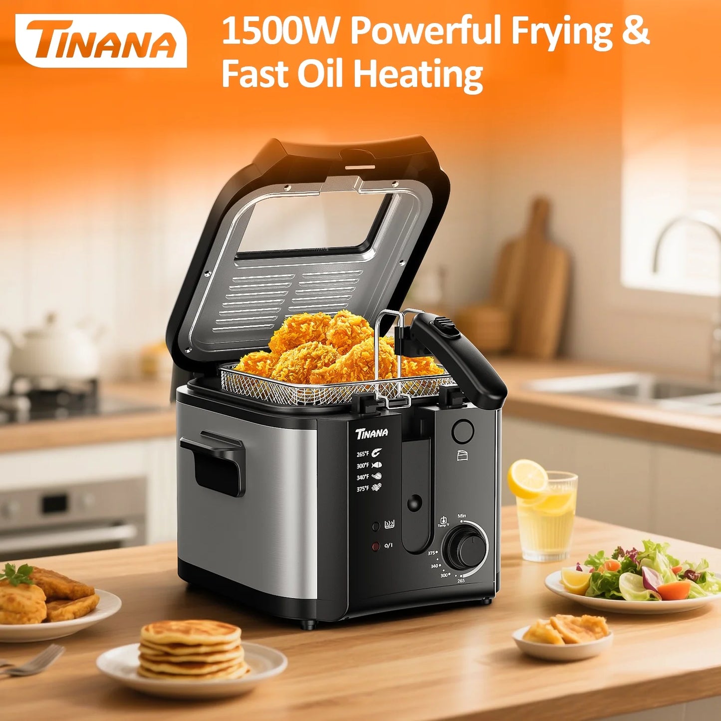 Electric Deep Fryer with Basket and Lid, 5.9 Qt Enamel Fry Pot, 2.6 Qt Oil Capacity, Stainless Steel Oil Fryer for Home, Chicken & French Fries Maker, Easy Clean Deep Fat Fryer