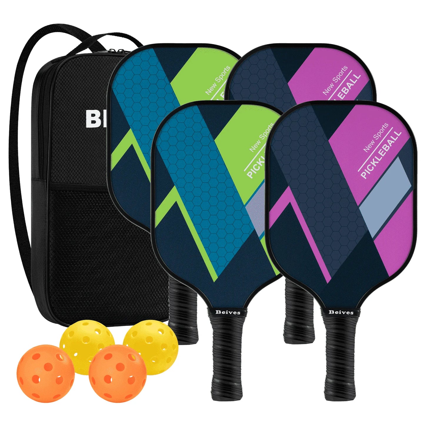 BEIVES Pickleball Paddles Set of 4 with 4 Balls & Carry Bag - Lightweight 7.9Oz Fiberglass Racket, Non-Slip Comfort Grip, for Men & Women