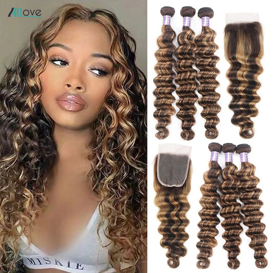 Allove Highlight Loose Deep Wave Bundles With Closure 4x4 Lace Closure With Bundles Brazilian Remy Ombre Honey Blonde Bundles