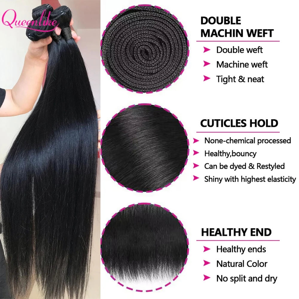 Queenlike Human Hair Bundles with A 2x6 Deep Kim HD Lace Closure 12A Hair Bundles with Closures Brazilian Raw Hair Bundles