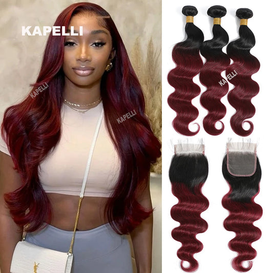 1B99J Body Wave Bundles With Closure Brazilian Human Hair Weave Bundles With 4x4 Lace Closure Hair Extension 3/4 Bundles Remy