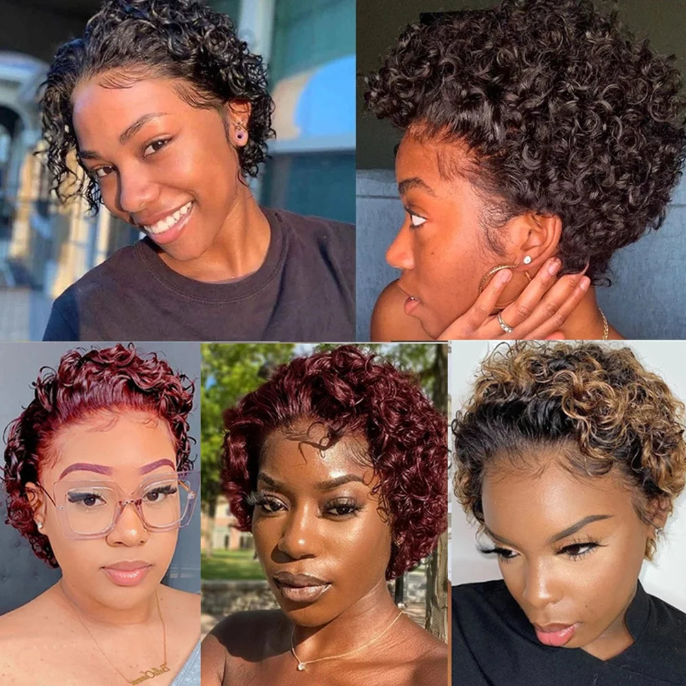 Pixie Cut Wig Colored Lace Wig Spring curl Short Bob Human Hair Wig For Women Natural Black Color Human Hair Cheap Wig 13X1