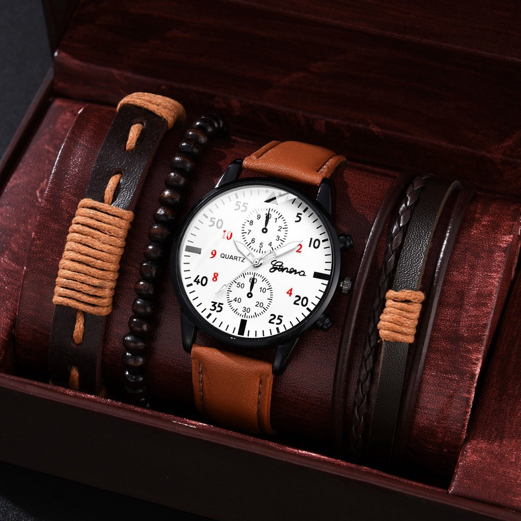 Kegllect Men Watch Set with Bracelet Casual Leather Band Quartz Clocks