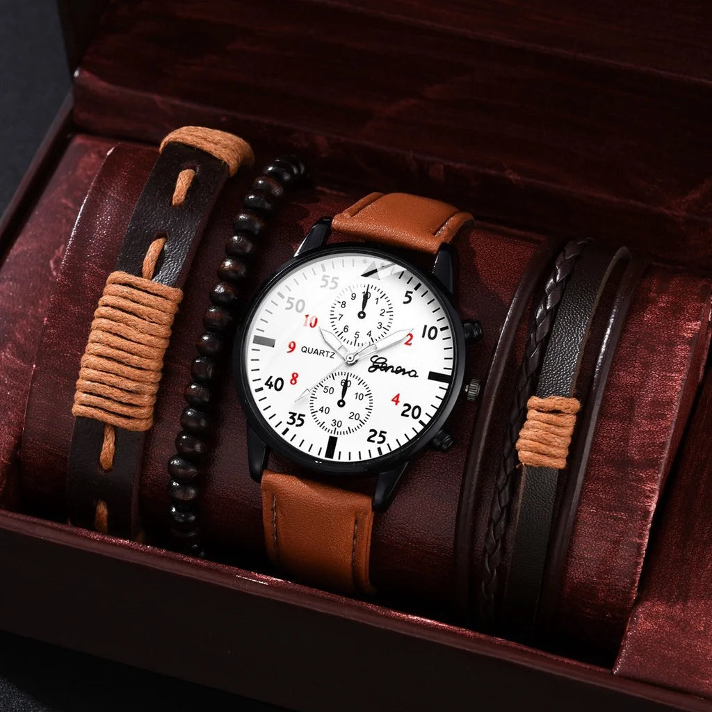 Kegllect Men Watch Set with Bracelet Casual Leather Band Quartz Clocks