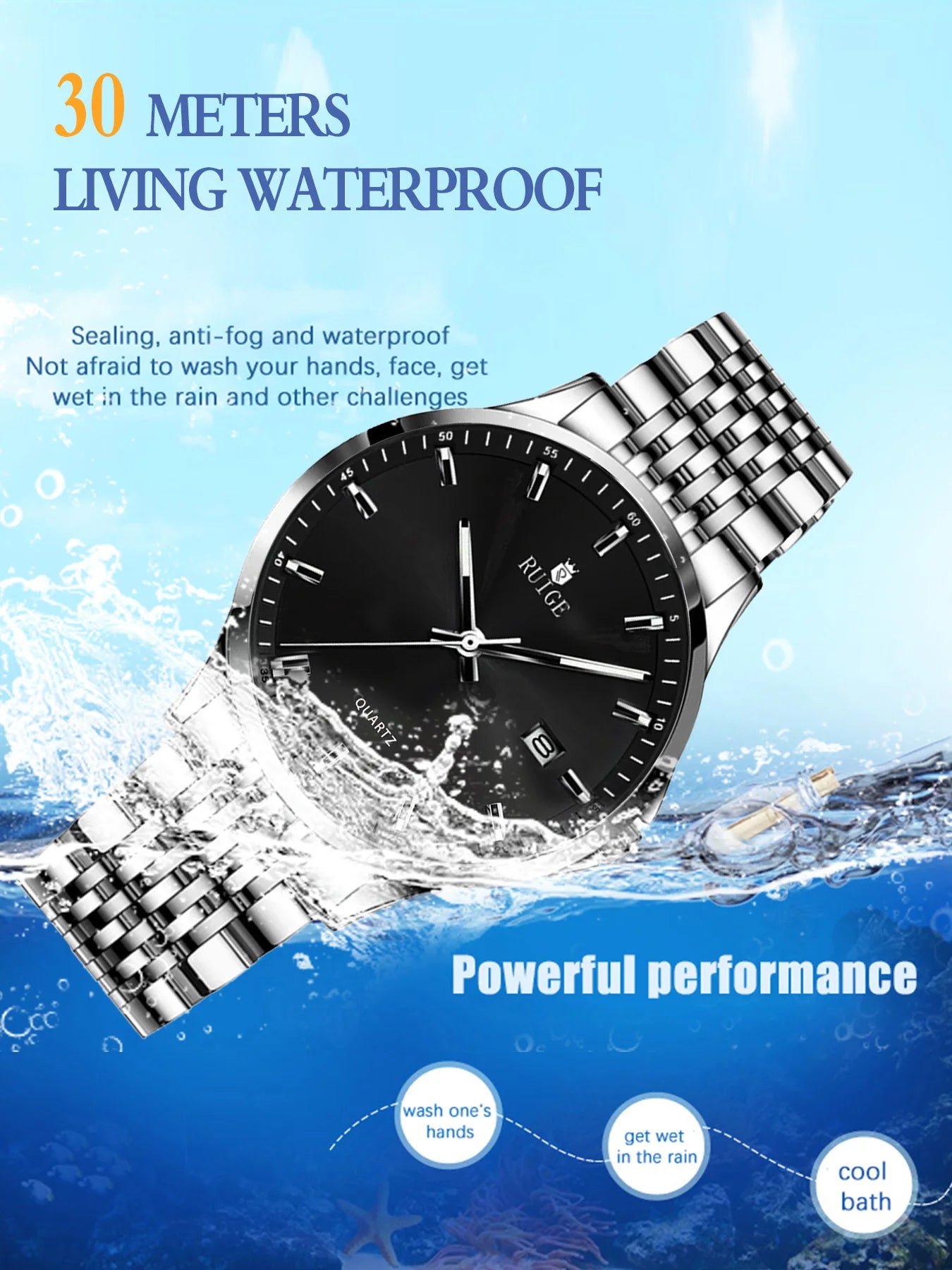 RUIGE Business Men's Quartz Watch Stainless Steel Calendar Men's Night Light Waterproof Fashion Versatile Watch B2-2
