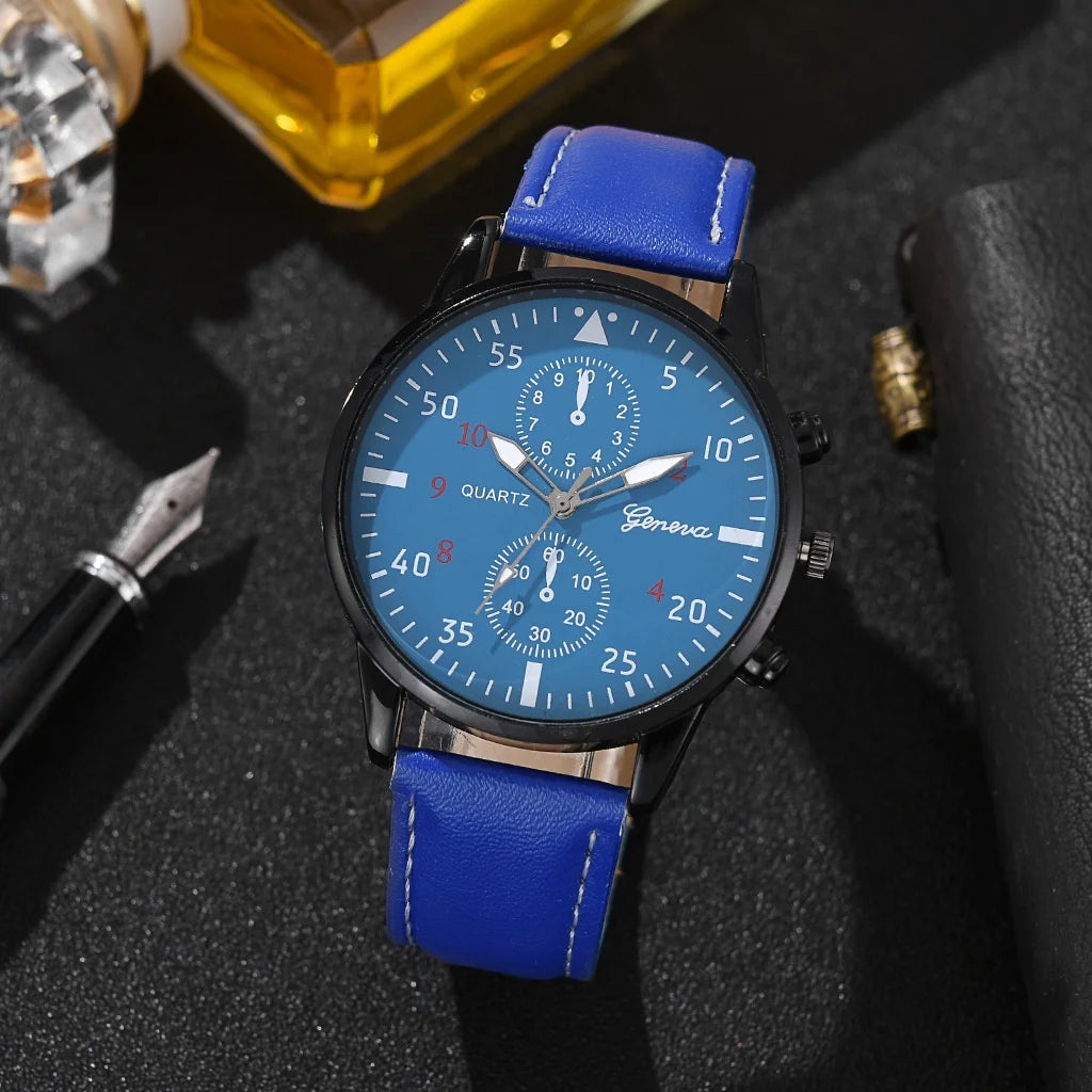 Kegllect Men Watch Set with Bracelet Casual Leather Band Quartz Clocks