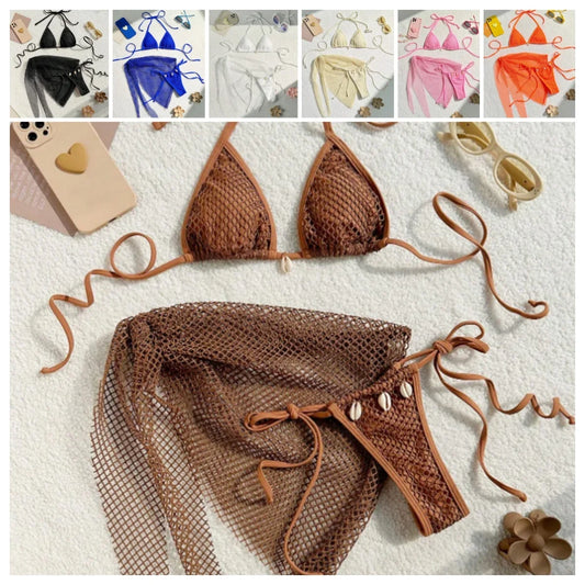 Swimwear Three-piece Beach Holiday Women's Bikini Shell Fishnet Skirt Three-piece Set