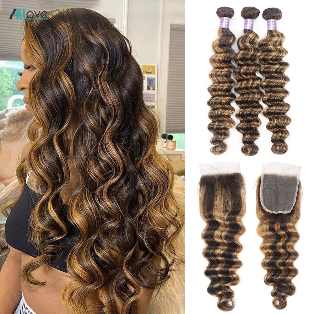 Allove Highlight Loose Deep Wave Bundles With Closure 4x4 Lace Closure With Bundles Brazilian Remy Ombre Honey Blonde Bundles