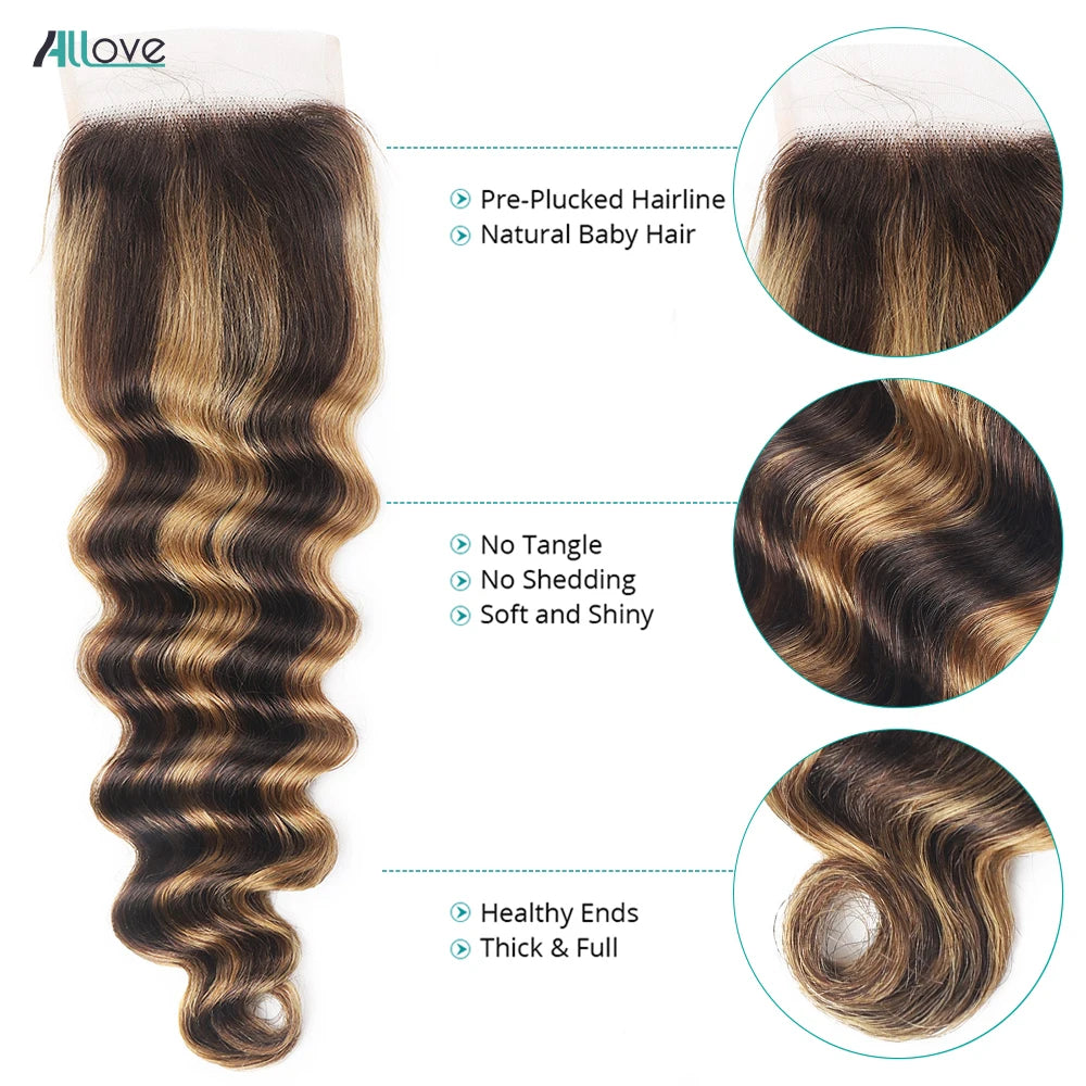 Allove Highlight Loose Deep Wave Bundles With Closure 4x4 Lace Closure With Bundles Brazilian Remy Ombre Honey Blonde Bundles