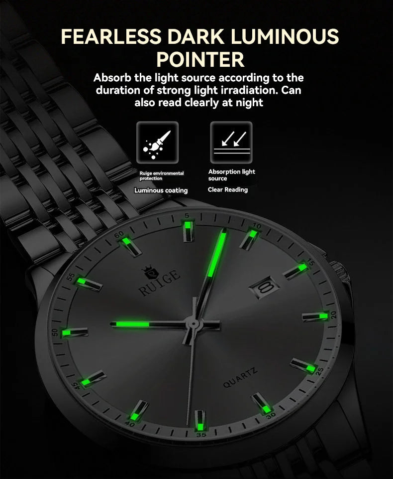 RUIGE Business Men's Quartz Watch Stainless Steel Calendar Men's Night Light Waterproof Fashion Versatile Watch B2-2