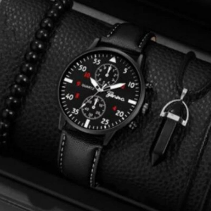 Kegllect Men Watch Set with Bracelet Casual Leather Band Quartz Clocks
