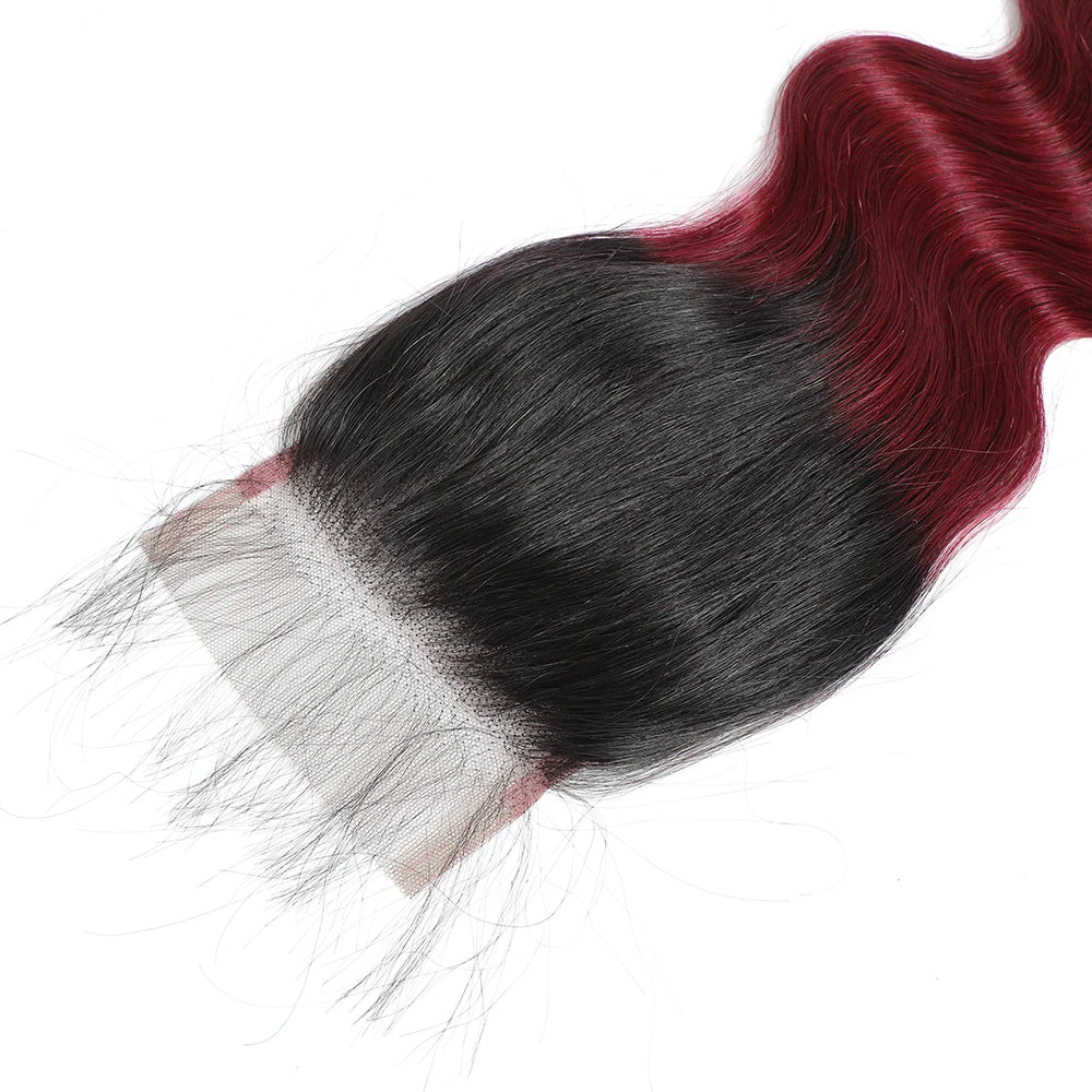 1B99J Body Wave Bundles With Closure Brazilian Human Hair Weave Bundles With 4x4 Lace Closure Hair Extension 3/4 Bundles Remy