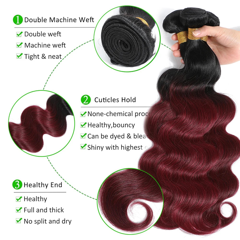 1B99J Body Wave Bundles With Closure Brazilian Human Hair Weave Bundles With 4x4 Lace Closure Hair Extension 3/4 Bundles Remy
