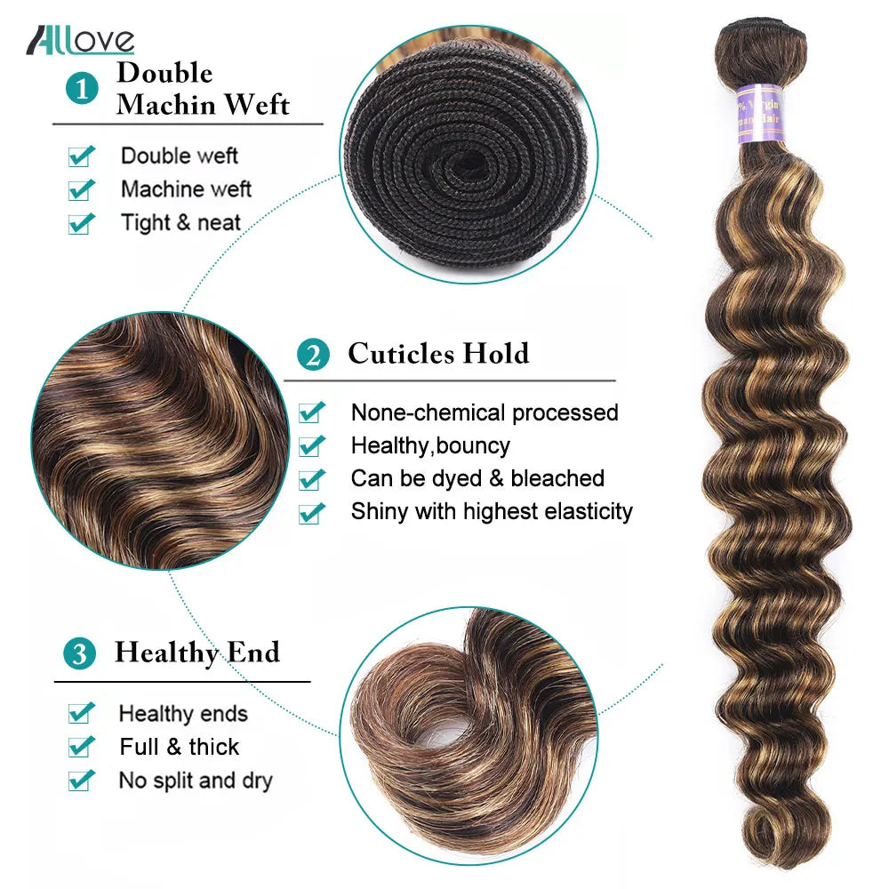 Allove Highlight Loose Deep Wave Bundles With Closure 4x4 Lace Closure With Bundles Brazilian Remy Ombre Honey Blonde Bundles