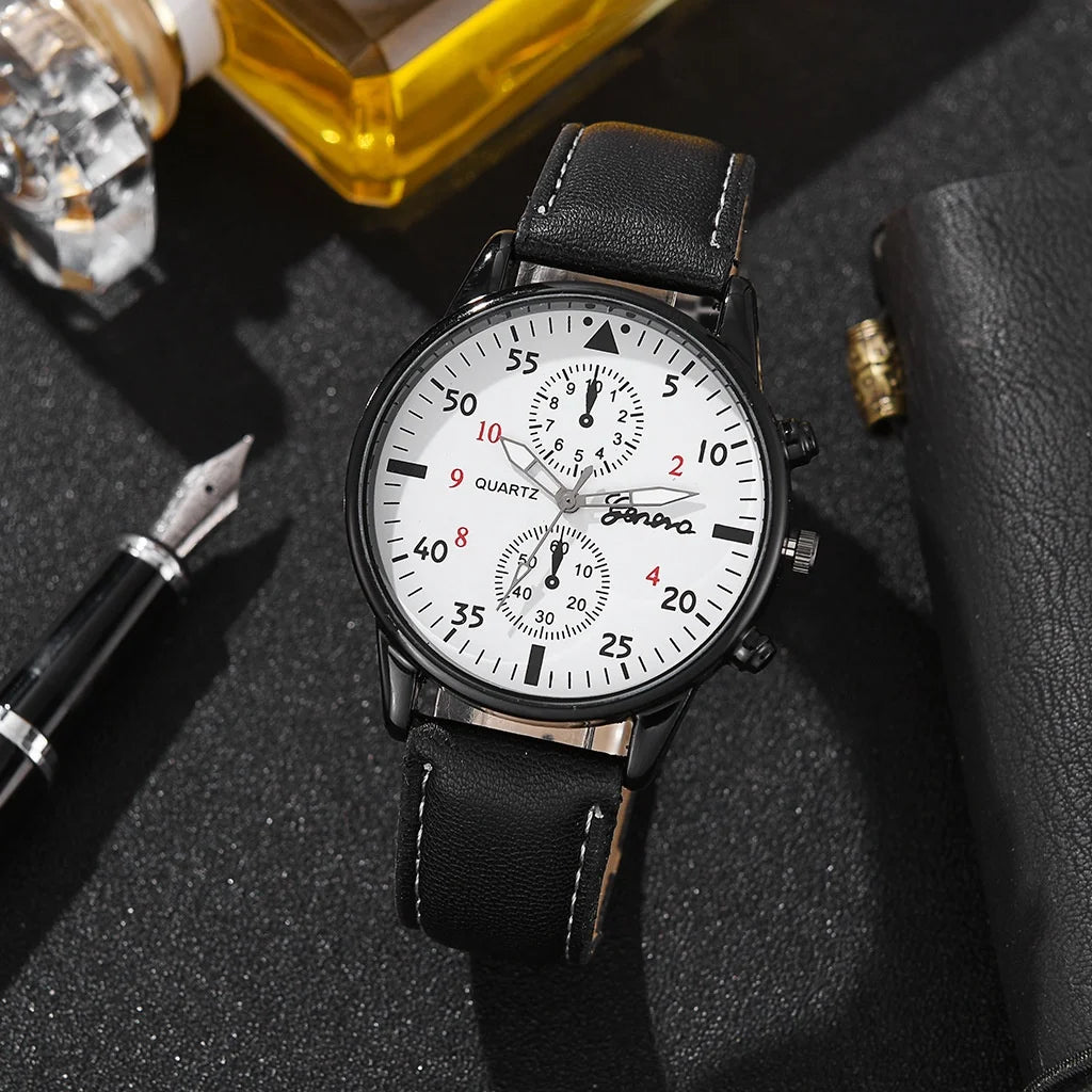 Kegllect Men Watch Set with Bracelet Casual Leather Band Quartz Clocks