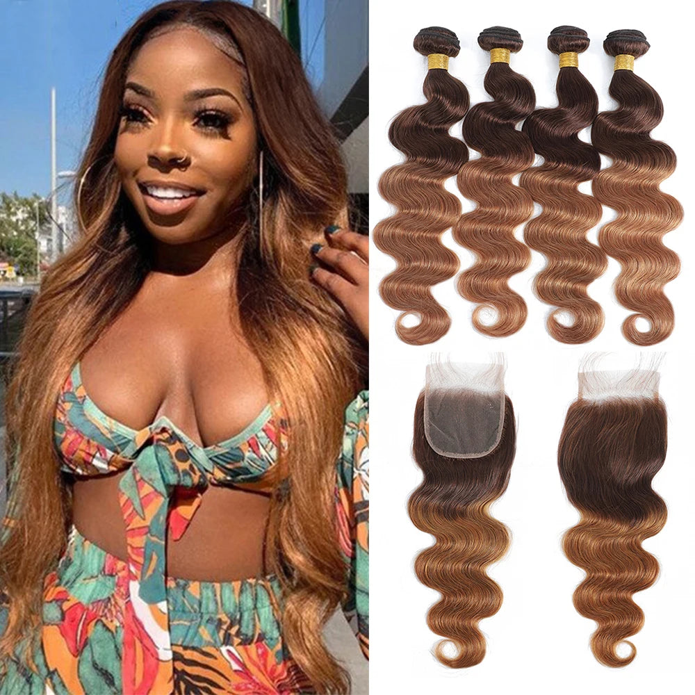 1B99J Body Wave Bundles With Closure Brazilian Human Hair Weave Bundles With 4x4 Lace Closure Hair Extension 3/4 Bundles Remy