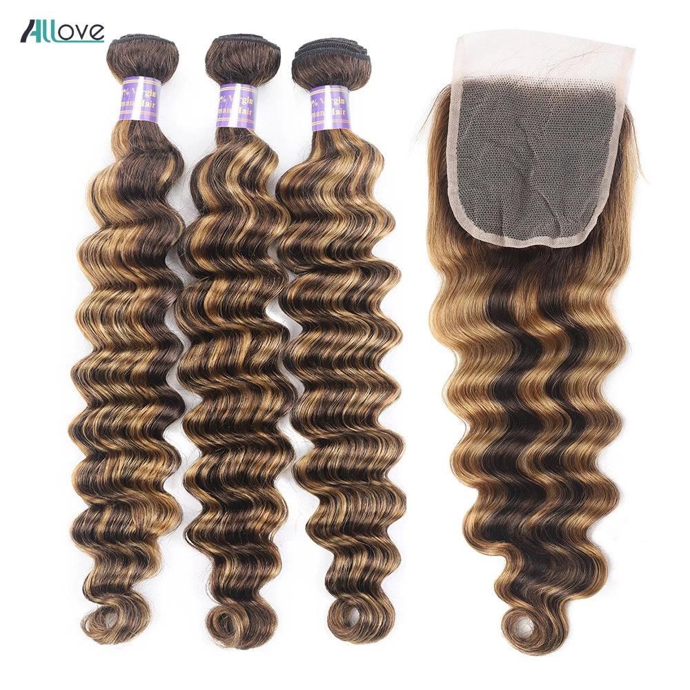 Allove Highlight Loose Deep Wave Bundles With Closure 4x4 Lace Closure With Bundles Brazilian Remy Ombre Honey Blonde Bundles