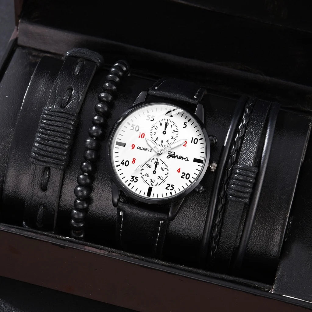 Kegllect Men Watch Set with Bracelet Casual Leather Band Quartz Clocks