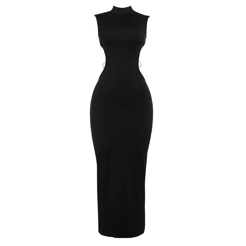Robe longue noire dos nu sexy pour femme, sans manches, élégante, moulante, style licou, robe longue décontractée pour soirée.