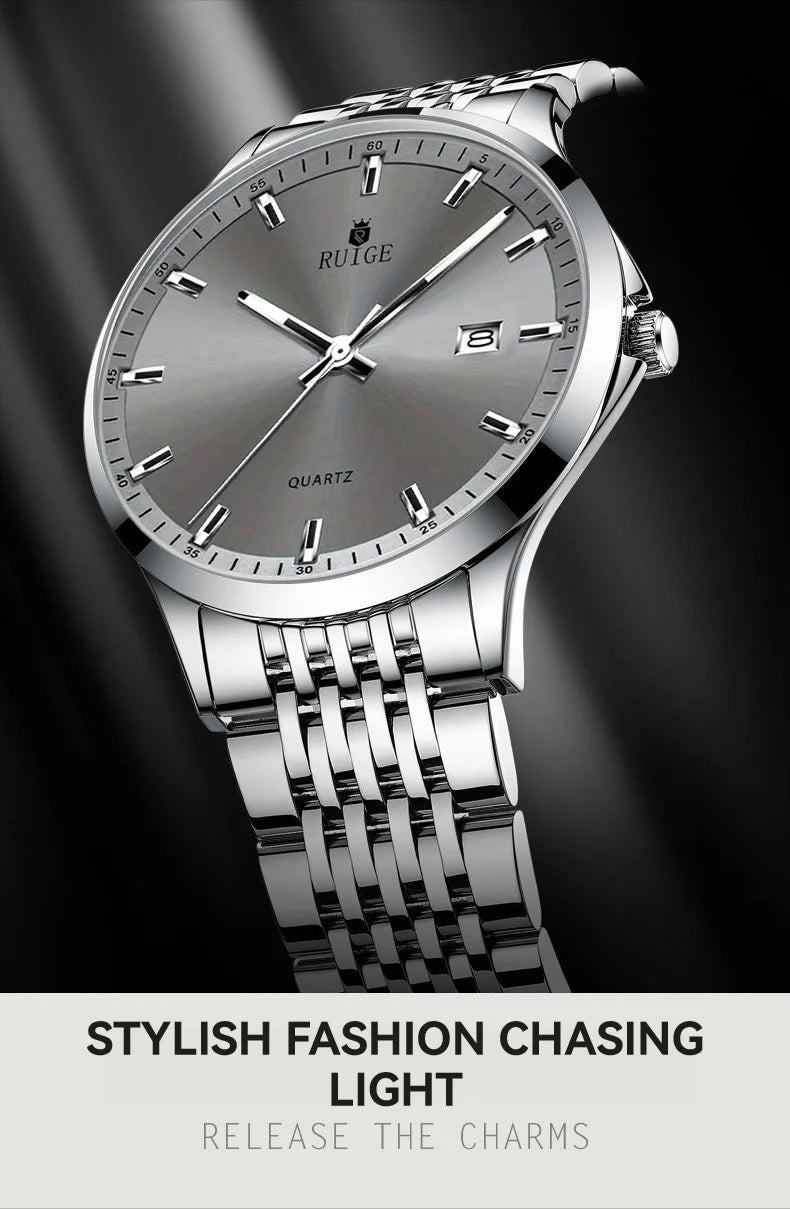 RUIGE Business Men's Quartz Watch Stainless Steel Calendar Men's Night Light Waterproof Fashion Versatile Watch B2-2