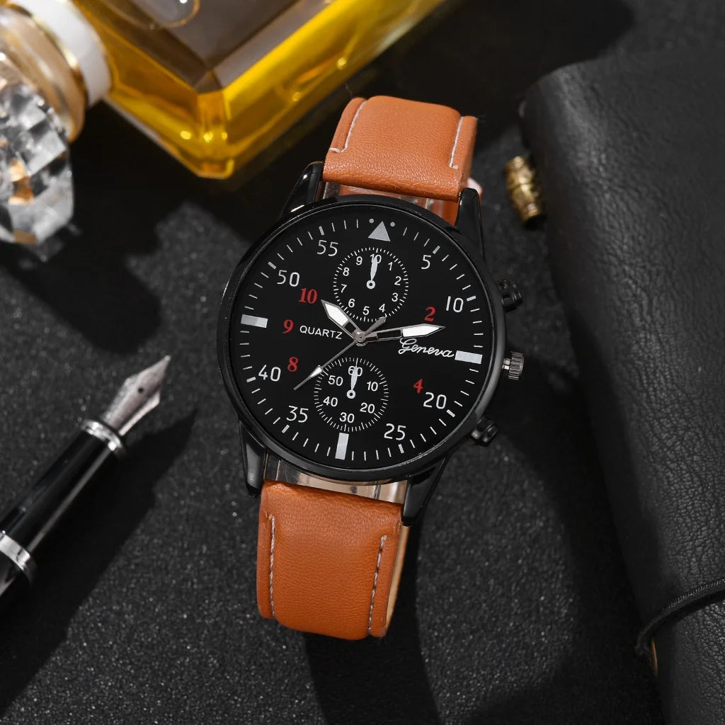 Kegllect Men Watch Set with Bracelet Casual Leather Band Quartz Clocks