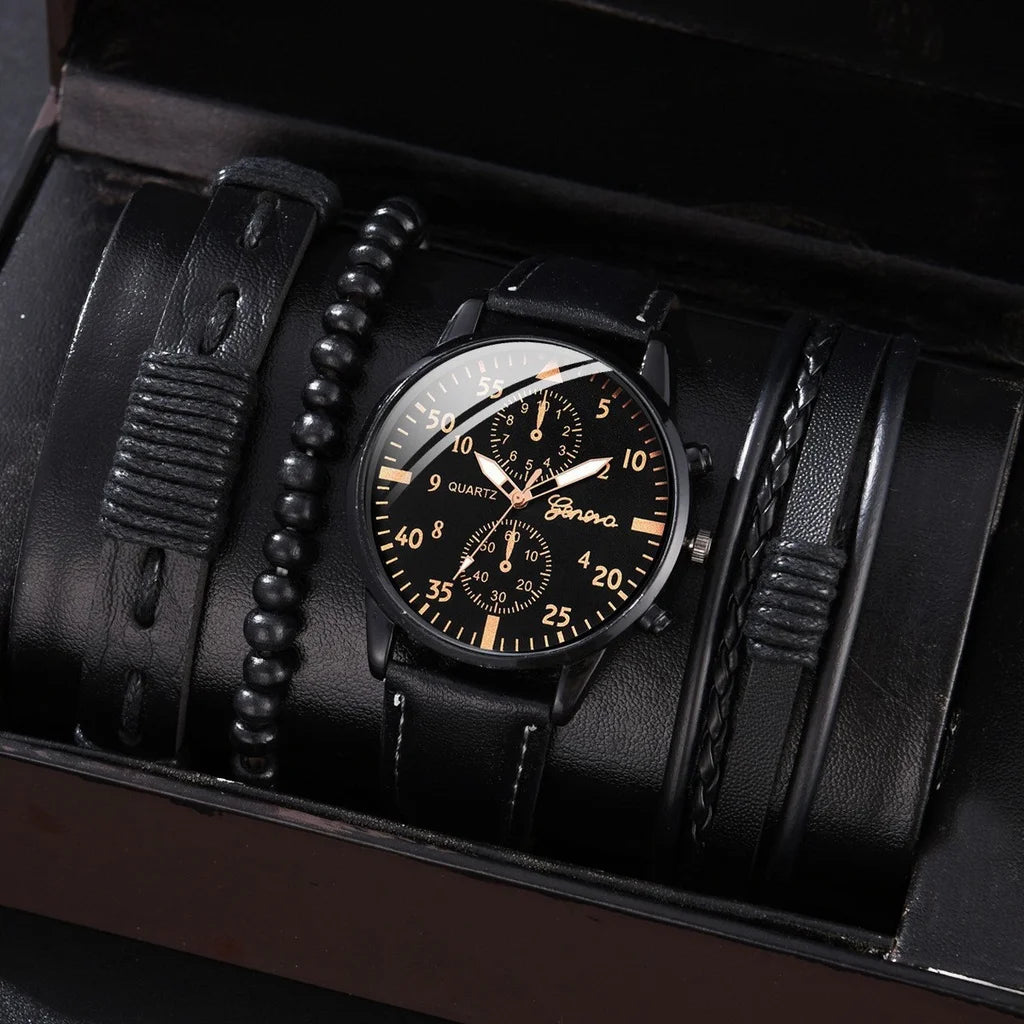 Kegllect Men Watch Set with Bracelet Casual Leather Band Quartz Clocks