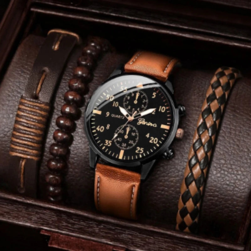 Kegllect Men Watch Set with Bracelet Casual Leather Band Quartz Clocks