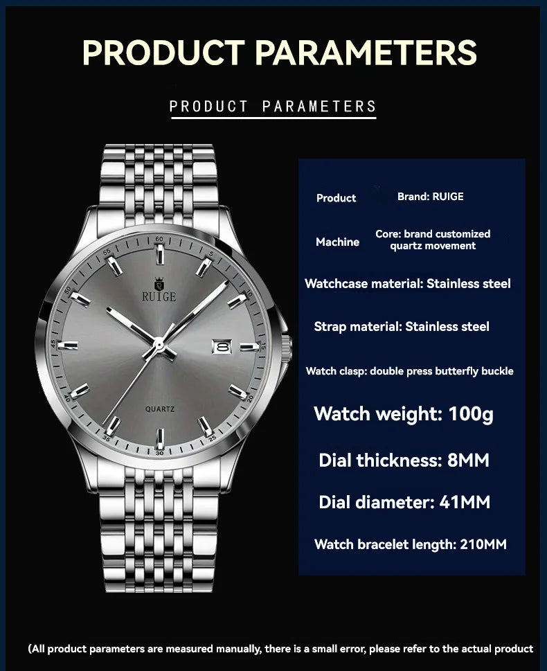 RUIGE Business Men's Quartz Watch Stainless Steel Calendar Men's Night Light Waterproof Fashion Versatile Watch B2-2