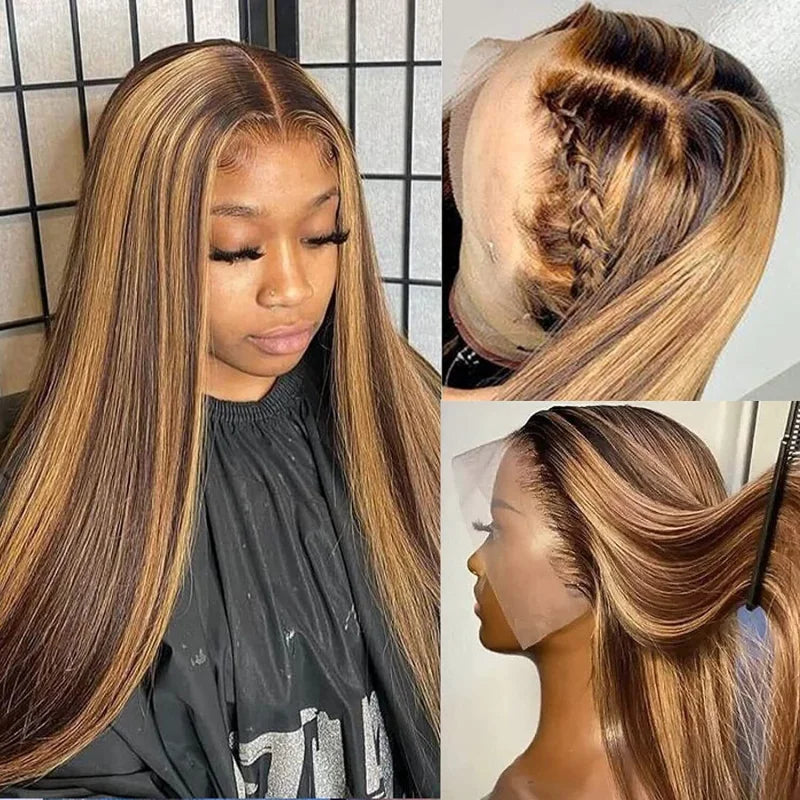 34Inch Bone Straight Highlight Lace Front Human Hair Ombre 13x4 Lace Frontal Wigs 13x6 Honey Blonde Colored Wigs For Women