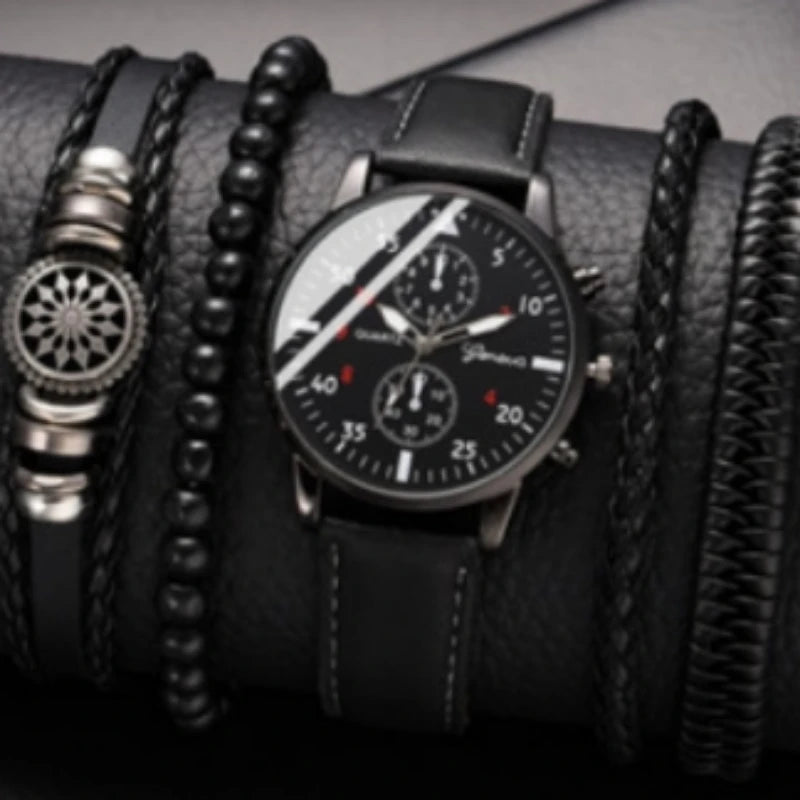 Kegllect Men Watch Set with Bracelet Casual Leather Band Quartz Clocks