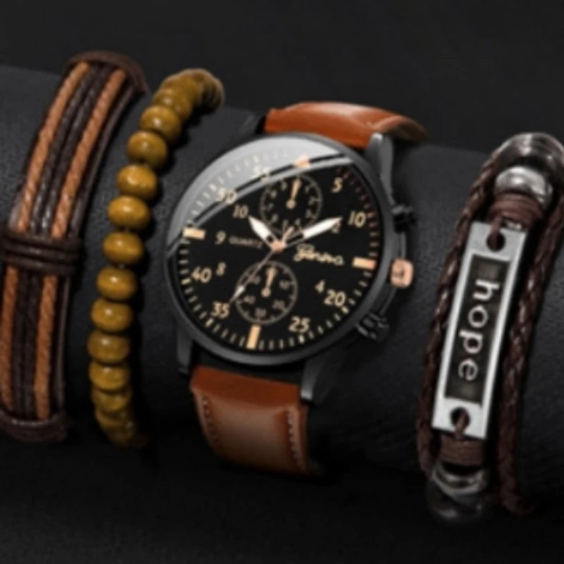 Kegllect Men Watch Set with Bracelet Casual Leather Band Quartz Clocks