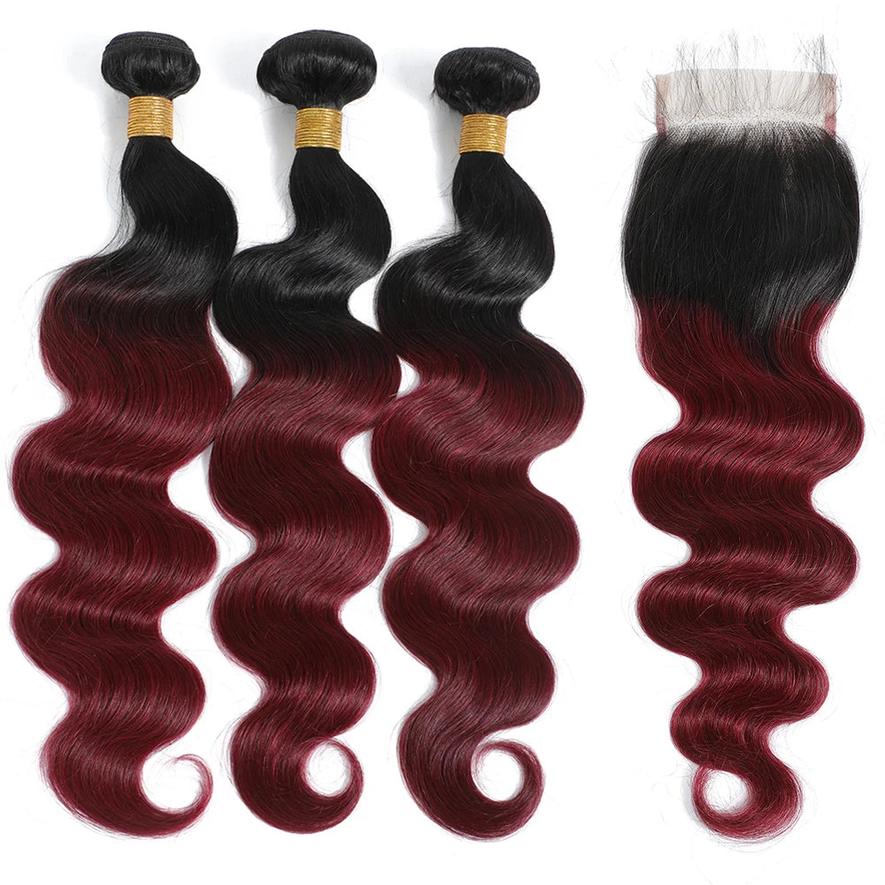 1B99J Body Wave Bundles With Closure Brazilian Human Hair Weave Bundles With 4x4 Lace Closure Hair Extension 3/4 Bundles Remy