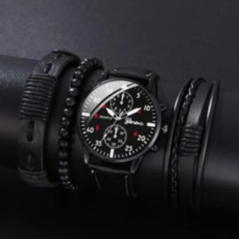 Kegllect Men Watch Set with Bracelet Casual Leather Band Quartz Clocks