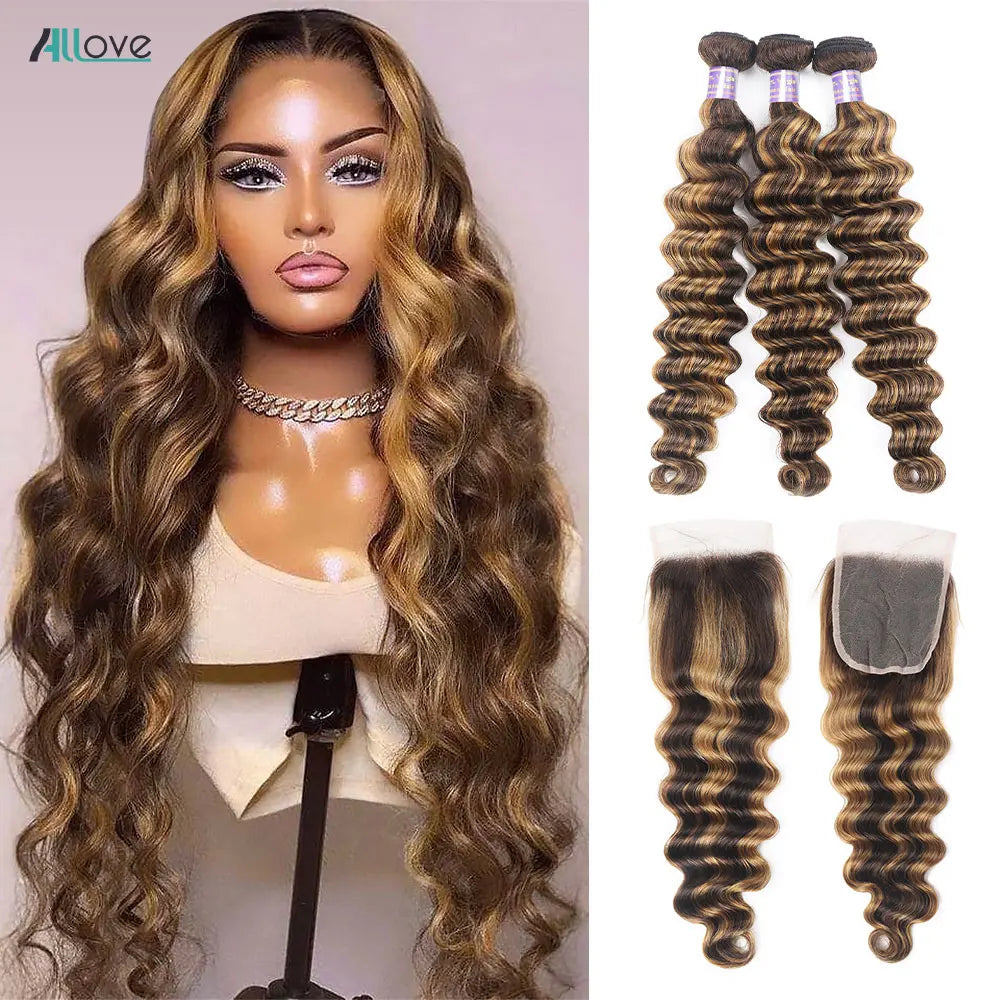 Allove Highlight Loose Deep Wave Bundles With Closure 4x4 Lace Closure With Bundles Brazilian Remy Ombre Honey Blonde Bundles