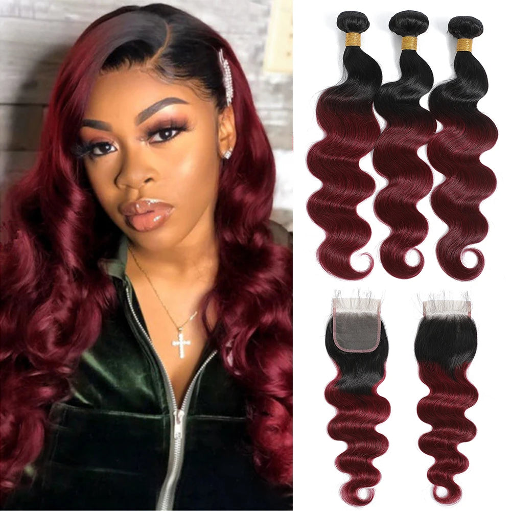 1B99J Body Wave Bundles With Closure Brazilian Human Hair Weave Bundles With 4x4 Lace Closure Hair Extension 3/4 Bundles Remy
