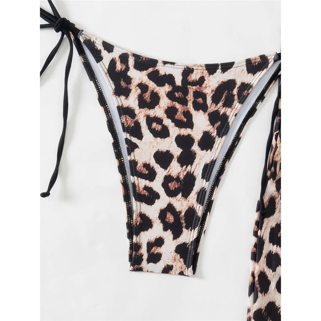 XS - L Leopard Halter Bikini Women Swimwear Female Swimsuit Three-pieces Bikini set With Long Skirt Bather Bathing Suit V6160