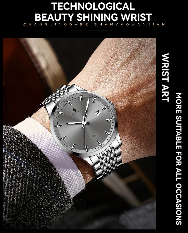 RUIGE Business Men's Quartz Watch Stainless Steel Calendar Men's Night Light Waterproof Fashion Versatile Watch B2-2