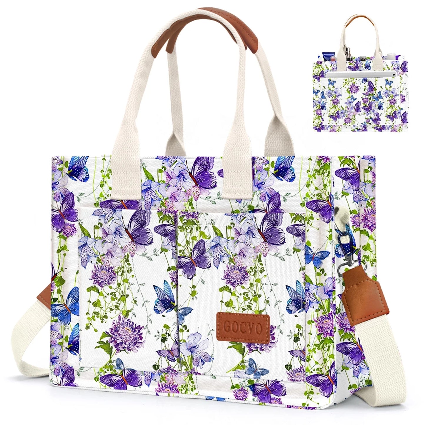 Gocvo Canvas Tote Bag for Women, Large Multi-Pocket Shoulder Handbag, Crossbody Messenger Bag, Khaki Plaid