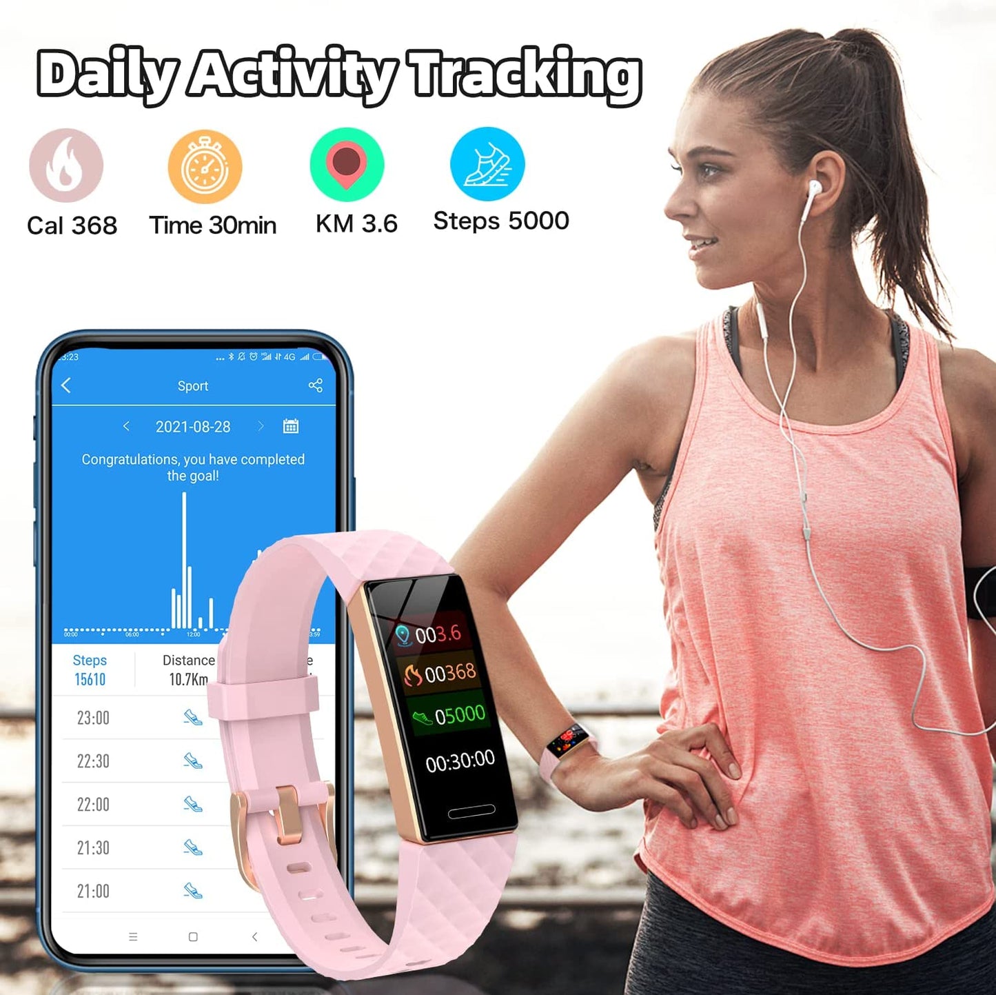 OYT Fitness Tracker, Fitness Watch Activity Tracker with Pedometers, Heart Rate & Sleep Monitor, Stopwatch, Step Calorie Counter, Blood Oxygen, IP68 Waterproof Tracker Watch for Man and Women(Pink)