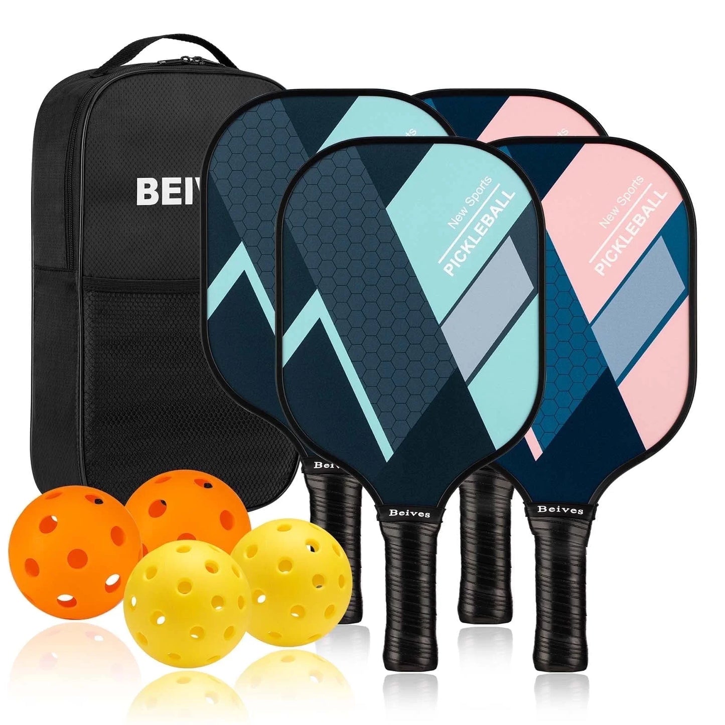 BEIVES Pickleball Paddles Set of 4 with 4 Balls & Carry Bag - Lightweight 7.9Oz Fiberglass Racket, Non-Slip Comfort Grip, for Men & Women