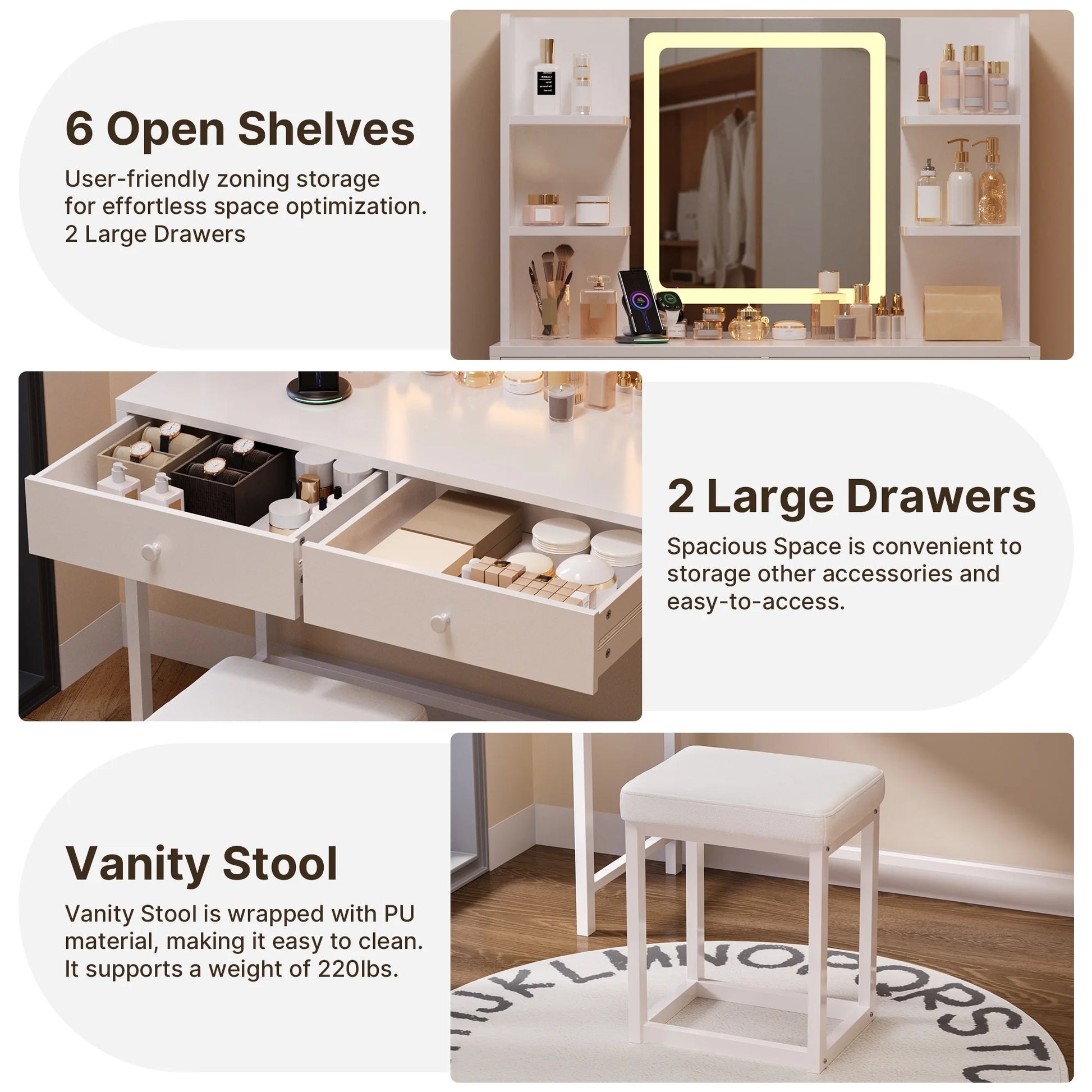 Makeup Vanity with Mirror and Lights Large Vanity Table Set White