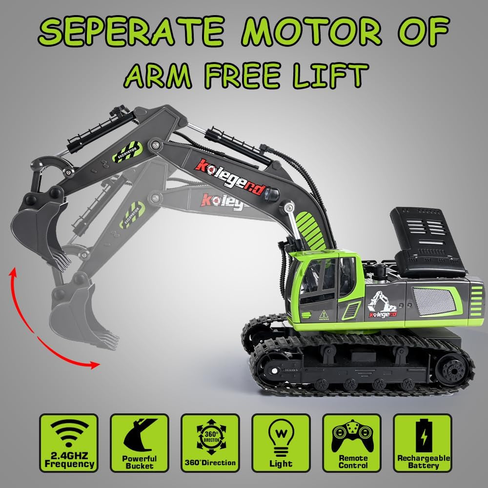 Kolegend Remote Control Excavator Toy 16 Inch, 11 Channel RC Construction Vehicles Hydraulic Haulers Digger Toys Gift for 6 7 8 9 10 Years Old Kids Boys