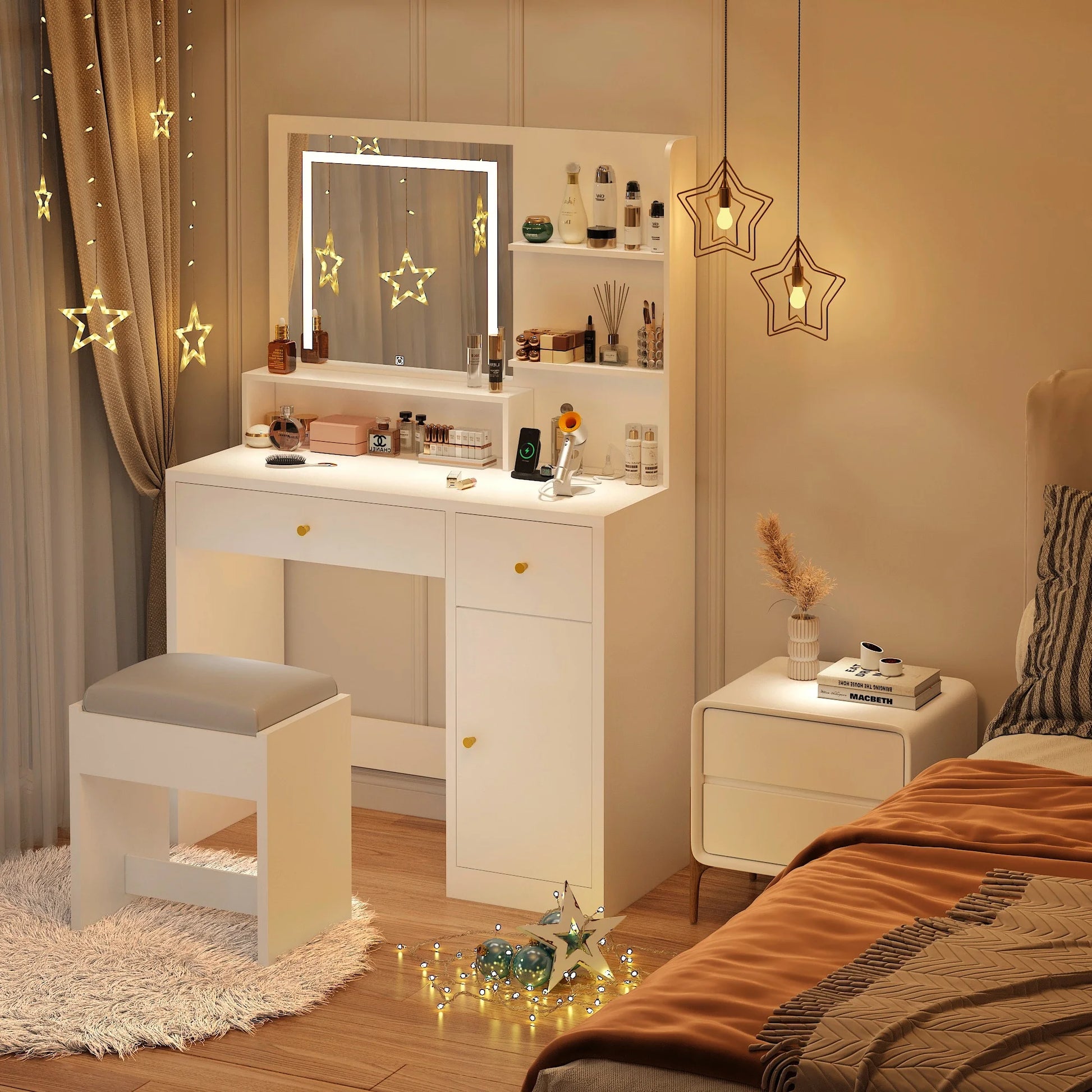 White Vanity Desk Set with LED Light Mirror & Power Outlet, Makeup Table with 3 Shelves & 2 Drawers & 3 Level Adjustable Cabinet & Makeup Vanity Stool for Women, Girls(White-37")